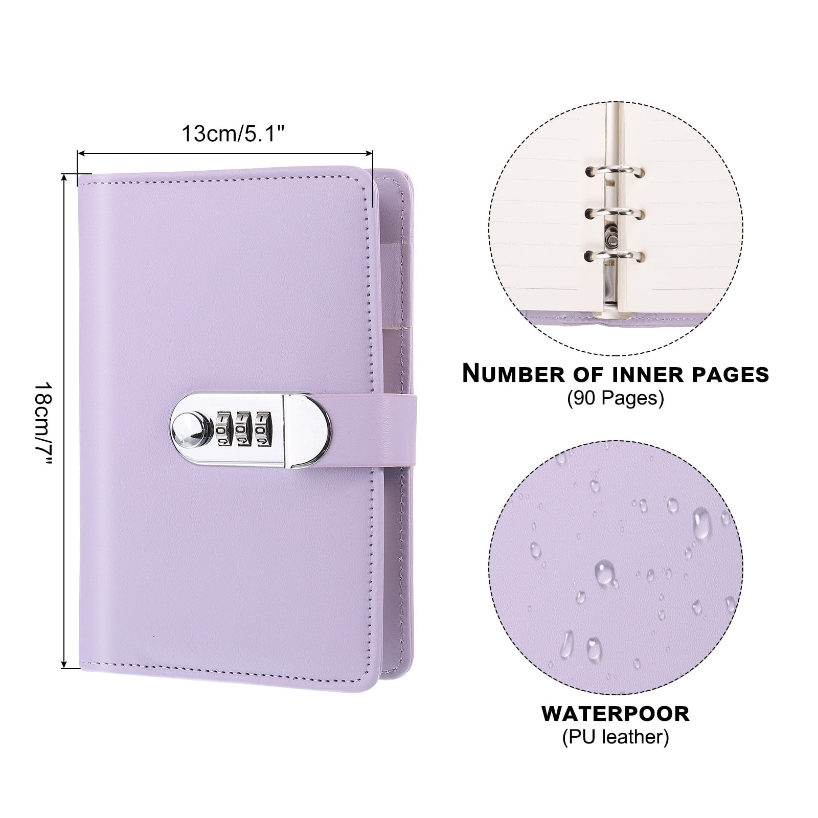 A6 Diary with Lock, Journal with Lock Cute Journaling Leather Notebook Journal Diary Binder Refillable Paper, Purple