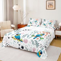Homewish Blue Parrot 4 Pieces Queen Sheet Sets for Teens Boys Girls,Flower Animal Ultra Soft Flat Sheet,Dreamy Princess Queen Fitted Sheet,Ultra Soft Home Decor