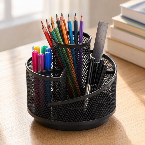 360-Degree Rotatable Desktop Pen Holder, Metal Pencil Holder, Multi-functional Stationery Storage Box