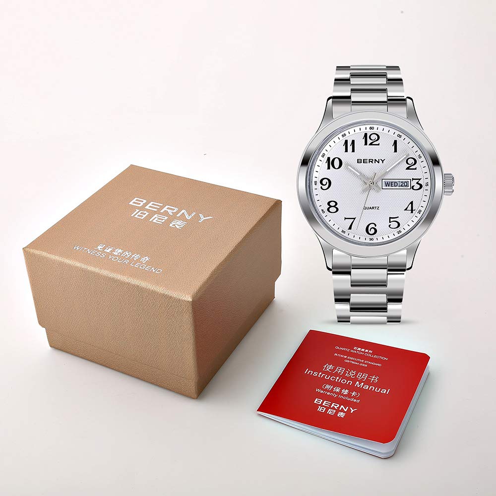BERNY Silver Watch for Men, Fashion Easy to Read Quartz Analog Watch with Day & Date Calendar, Luminous, Stainless Steel, Waterproof, Business Dress Men's Wrist Watches (White)