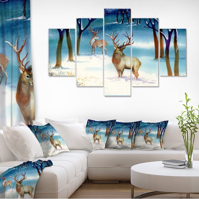 Amazing Winter Forest with Deer - Landscape Canvas Art Print