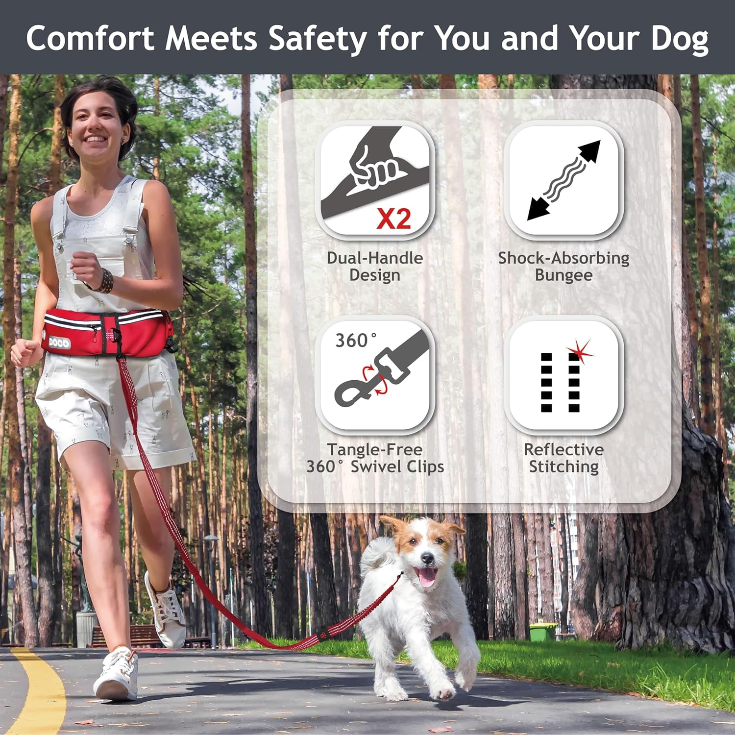 DOCO Hands Free Dog Leash (Waist 26”- 48”, Leash- 1”x 5ft) Waist Belt for Walking, Running & Hiking, Bungee with Dual Handles, Adjustable Fit, Reflective Safety Design for Large Dogs (Turquoise)