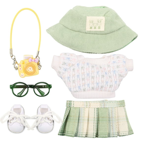 6Pcs Doll Clothes Outfit Set Include Overall Hat Shoes Glasses Camera for 15cm and 17cm Doll Exquisite Clothing Set Christmas Present