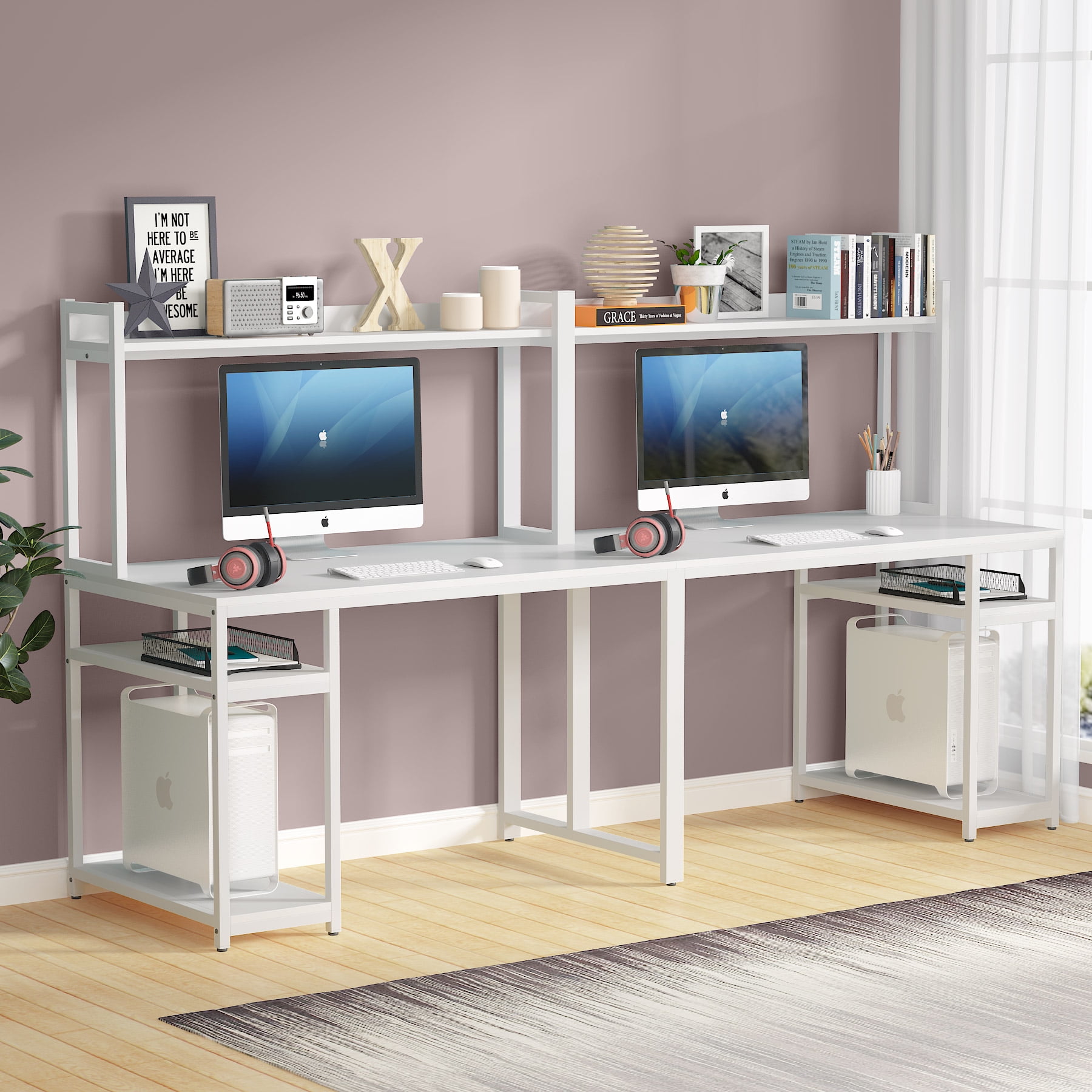 Extra Long Double 2 Person Desk with Hutch and Storage Shelves, 95 inches Dual writing Table 
