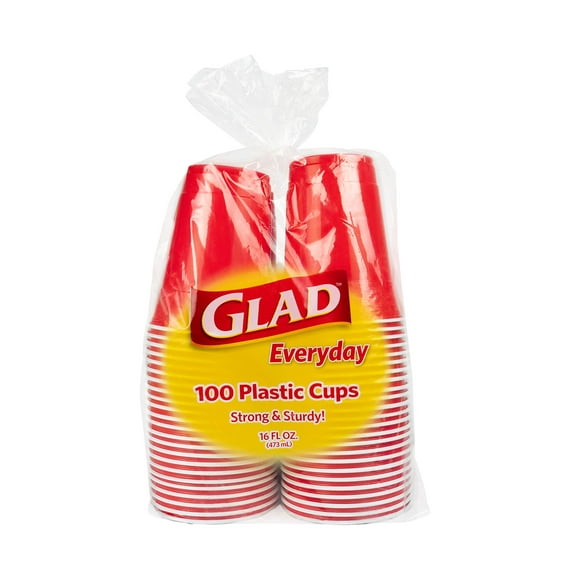 Glad Everyday Disposable Plastic Cups | Red Plastic Cups, 100 Count | Strong and Sturdy Red Plastic Party Cups for All Occasions, Holds 16 Ounces