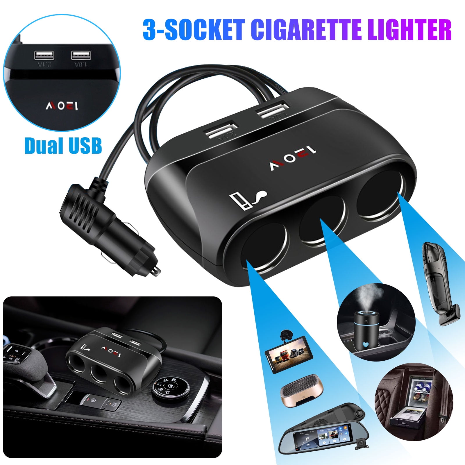 TSV Car Cigarette Lighter, TSV 120W Multi Socket, 3 Socket Splitter 12V
