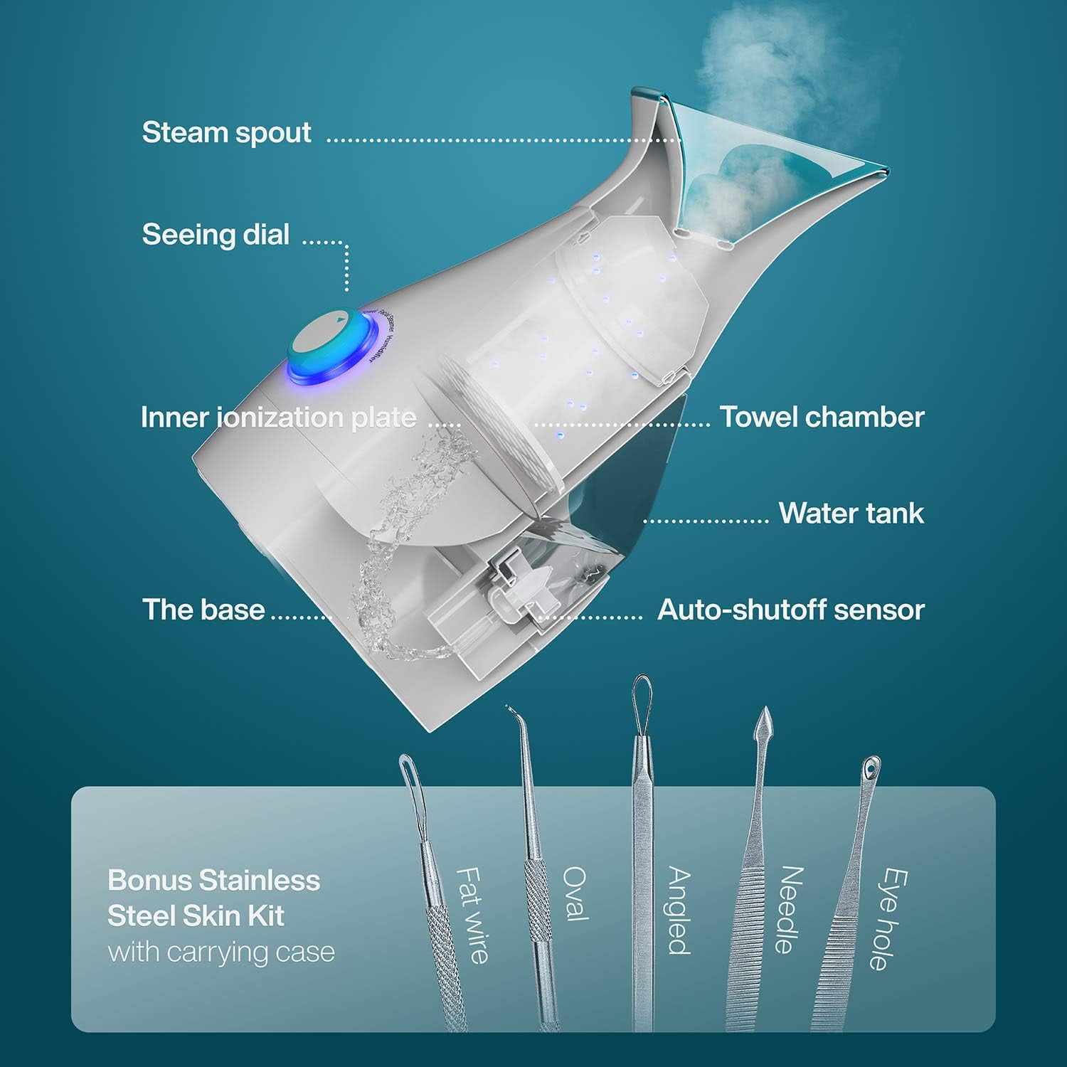 Pure Daily Care Nano Steamer 3-in-1 Ionic Facial Nano Facial Mister 5-Piece Stainless Steel Skin Kit (Teal)