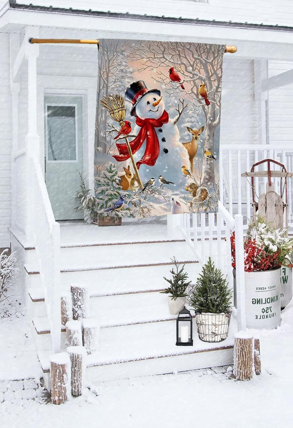 Winter Snowman House Flag 28 x 40 Vertical Double Sided Christmas Deer Cardinal Bird Holiday Outside Decorations Burlap Yard Flag BW727-40