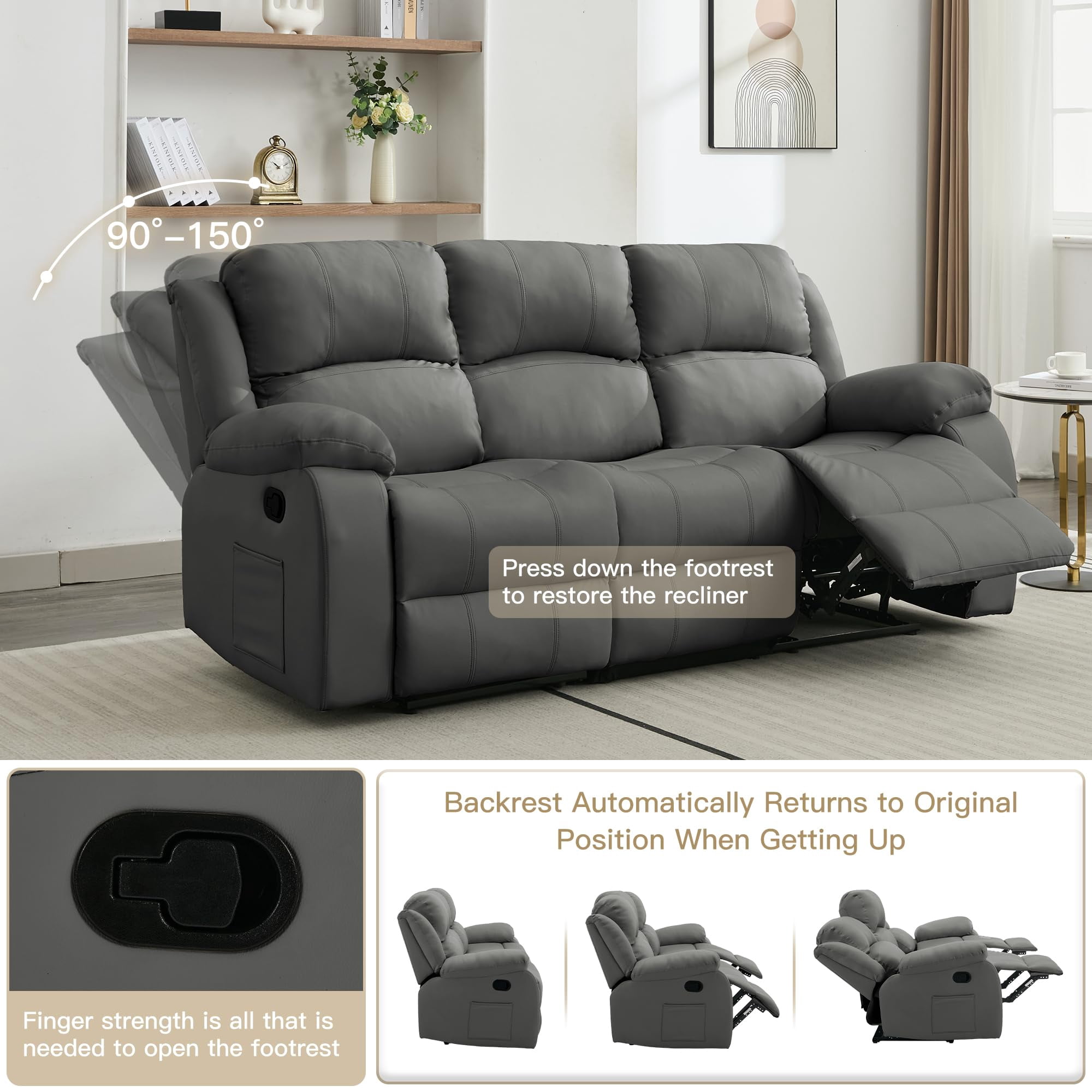 Comfortable Reclining Loveseat Sofa – Leather 3-Seater Recliner Couch for Living Room & Home Theater Seating (Grey)