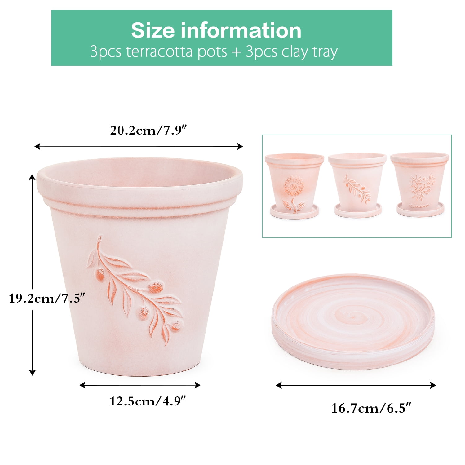 Sungmor Set of 3 Terra Cotta Pots with Saucer & Drainage Hole, Large & Deep Clay Pots, Unique Embossed & Pretty Color Pottery Planters, Decorative Flower Pots for Plants Orchid Cactus Succulent