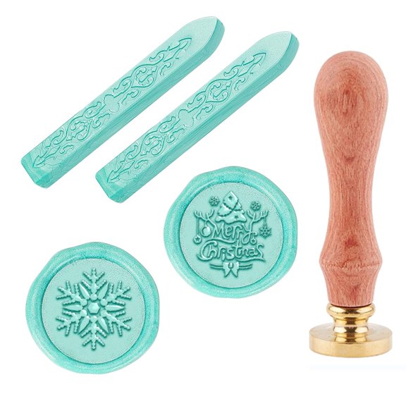 Sealing Wax Kit 2PCS Wax Seal Stamp Heads Snowflake & Merry Christmas with 1 Piece Wooden Handle and 2PCS Sealing Wax Sticks Blue for Xmas Invitation Gift Candy Cards Decoration