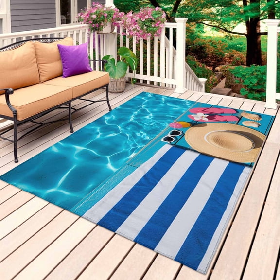 Swimming Pool Outdoor Rug 4x6 Ft, Non Slip Washable Area Rug, Blue Summer Beach Sea Ocean Patio Rugs Carpet Runner, Large Floor Mat for Indoor/Outdoor Deck Porch Camping