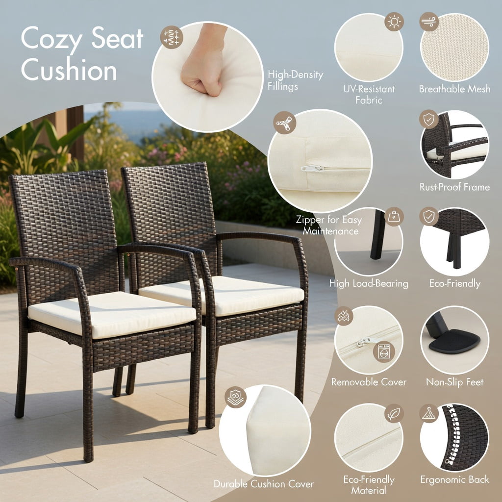 Hommoo 2-Pack Outdoor Wicker Dining Armchairs with Removable Off-White Cushions, PE Rattan Patio Chairs for Backyard, Porch & Poolside, Black