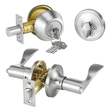 KFFKFF Door Lock Set with Deadbolt, Set of 5 in Satin Nickel Finish, Entry Lever and Single Cylinder Deadbolt, Same Key Combo Pack, Suitable for Doors with 1-3/8" to 1-3/4" Thickness