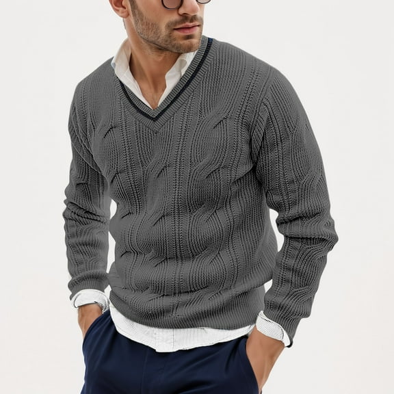 GBSYEWXS Men Pullover Sweaters Outwear Long Sleeve V-Neck Pullover Solid Color Stretch Grey Sweater