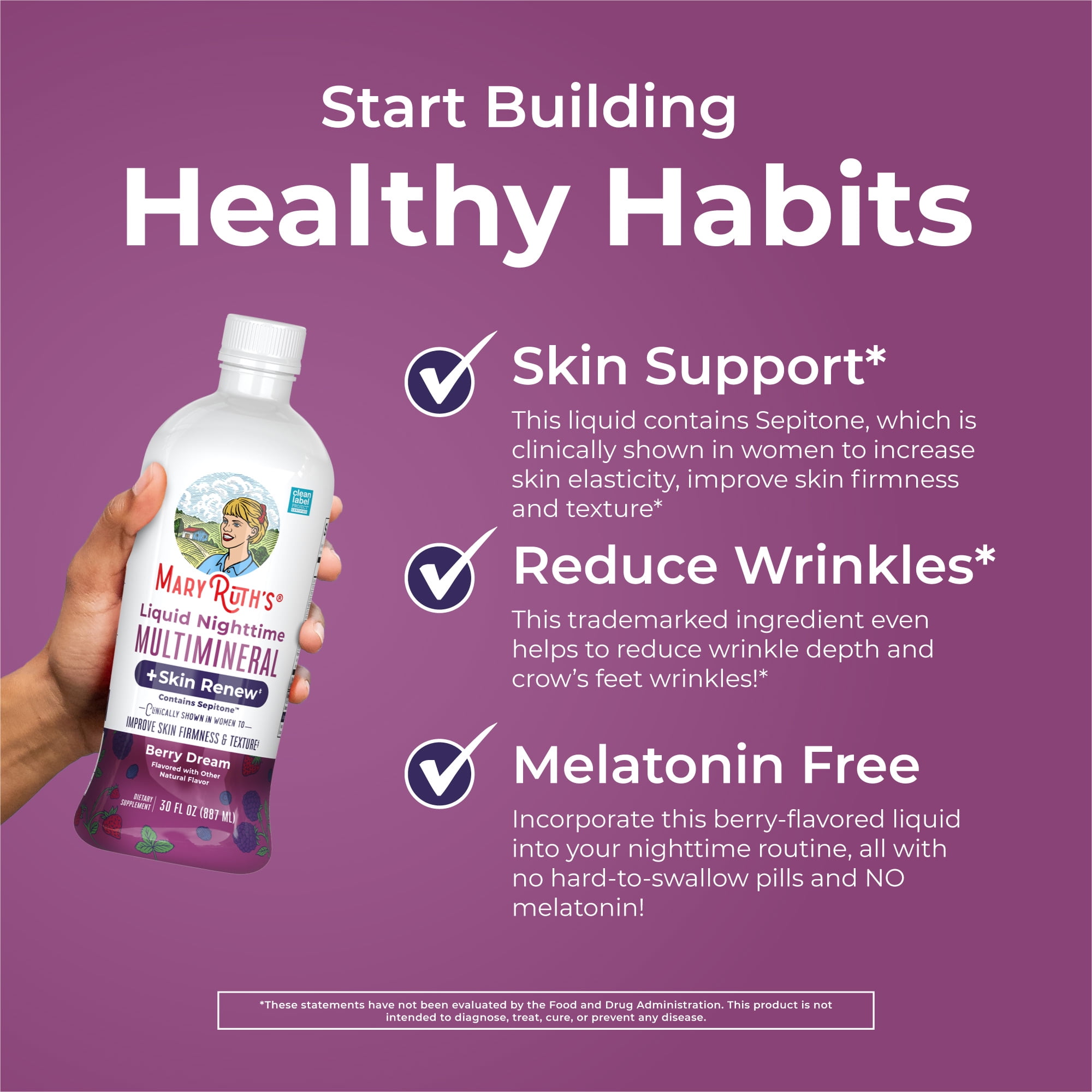 MaryRuth's Nighttime Multimineral Liquid + Skin Renew, Skin Support and Reduce Wrinkles, Berry Dream, Gluten-Free, Vegan, Adults Ages 18+, 30 fl oz