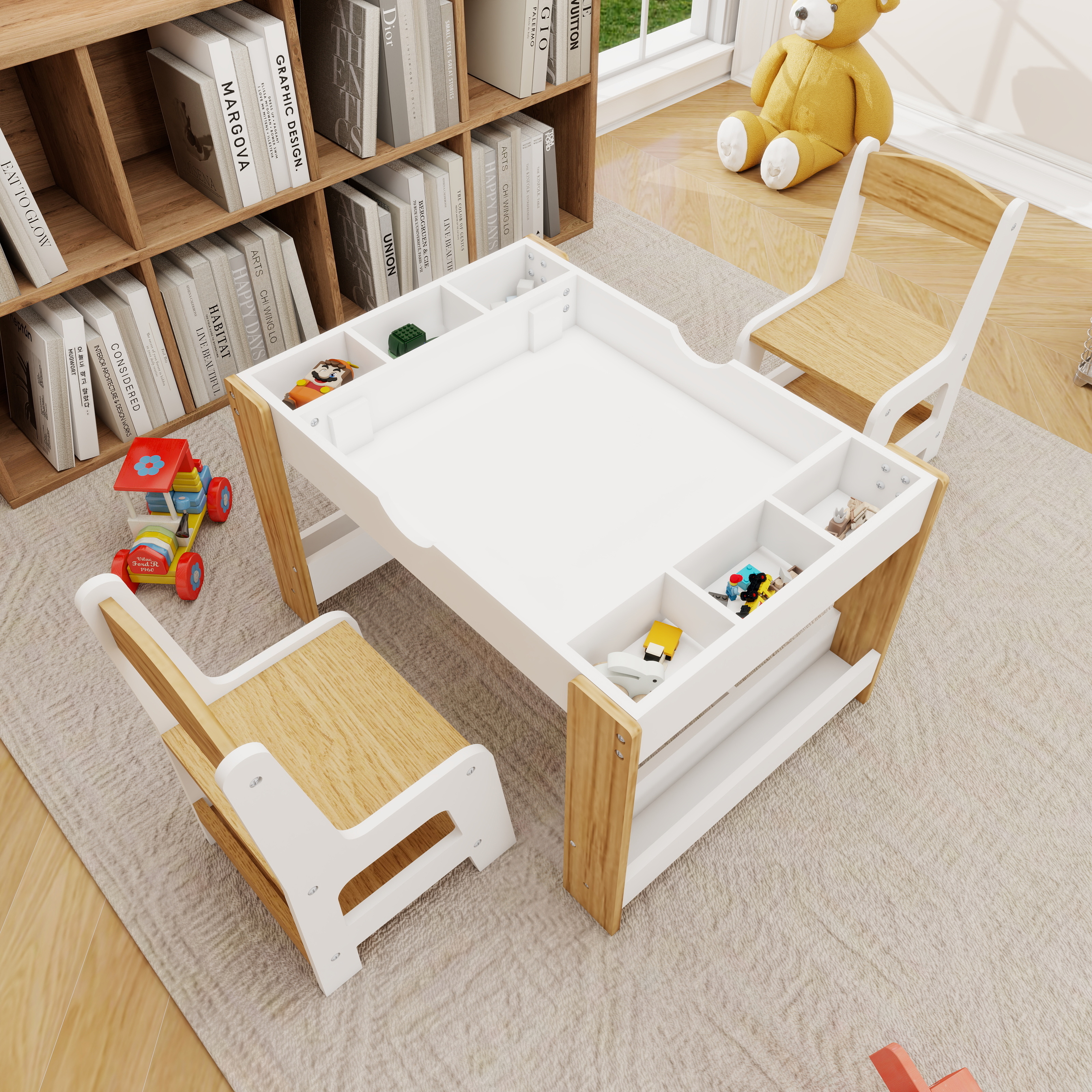OUFAN Kids 2 in 1 Play Table and 2 Chair Set with 7 Storage Compartments & Built in Plate Compatible, Modern Activity Learning Table Furniture, White