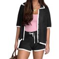 thumbnail image 6 of Short Sleeved Women Casual Crochet Set Lapel Button Down Cardigan Tops and Shorts, 6 of 6