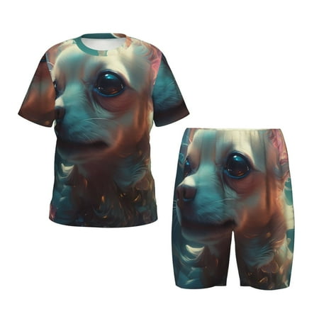 Luyuia Cute Flower Chihuahua Puppy Print Girls  2-Piece Tie-Dye Pajama Set  Cute Summer Loungewear with Shirt and Tank Shorts Nightwear-Small
