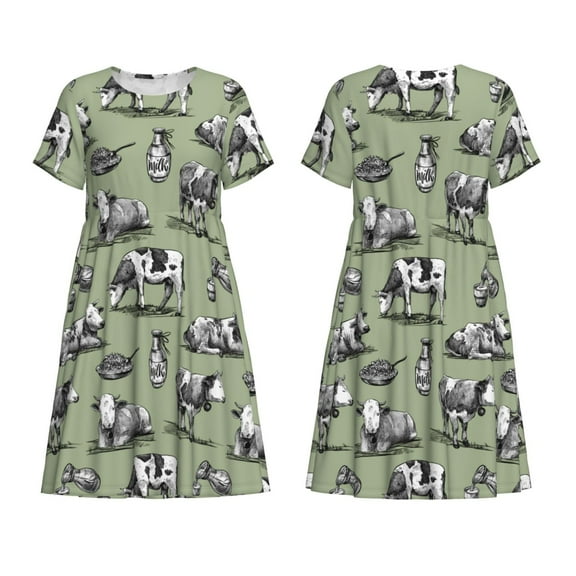 Horeoi Farm Cows Print Women's Short Sleeve Dress Breathable Polyester-Spandex All-Over Print A-Line Side Pockets Elastic Waist