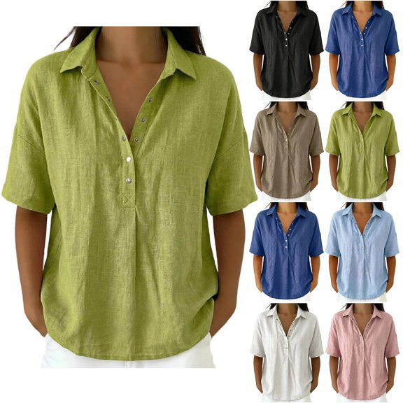 Nkmbld Women's Linen Tops Button Snap V neck Top Short sleeved Business Casual Shirt