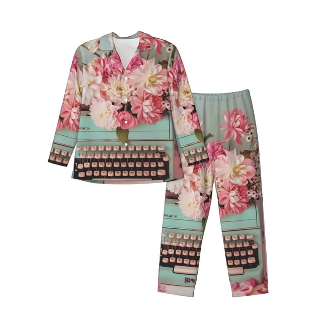 Fotbe Vintage Typewriter Floral Pijama de Hombre con Estampado de Manga Larga, Conjunto de 2 Piezas, Ropa de Dormir Suave y Cómoda con Bolsillos-Large