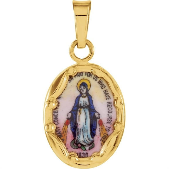 Auriga Fine Jewelry 14K Yellow Gold Oval Hand Painted Porcelain Miraculous Medal Pendant for Women (L- 13 mm, W- 10 mm)