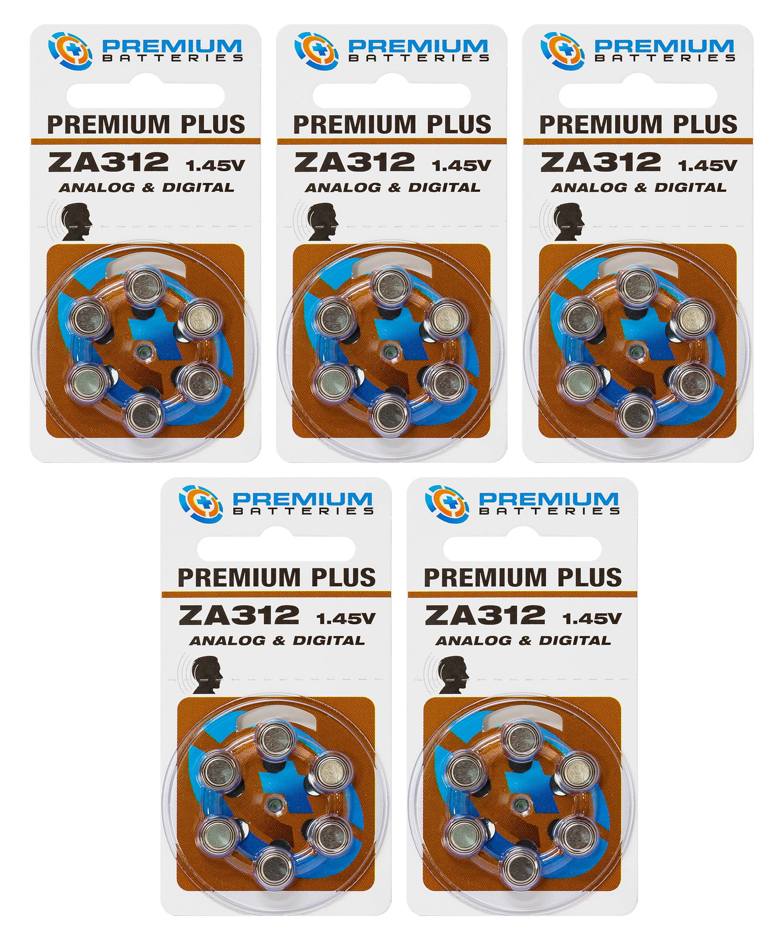 Premium Batteries Premium Plus Size 312 ZA312 PR41, P312 1.45V Zinc Air Hearing Aid Batteries Brown Tab (30 Pack)