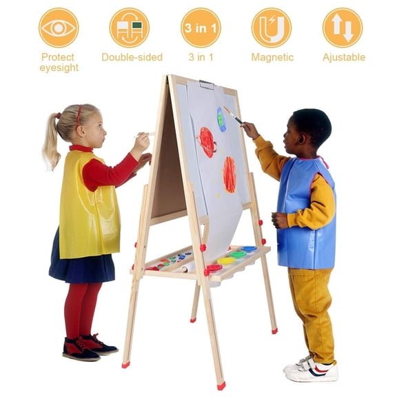 All-in-One Double Sided Adjustable Wooden Kid's Art Easel Kids Gift with Accessories, Children Drawing Painting Chalk Art Board