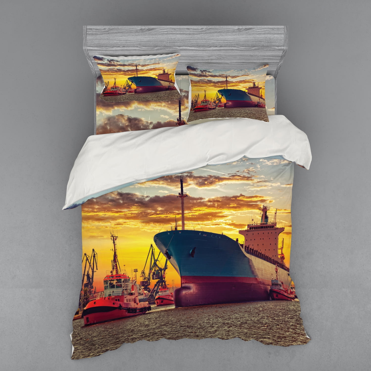 Nautical Duvet Cover Set, Giant Transportation Ship Escorting Tugs Leaving Port City Water at
