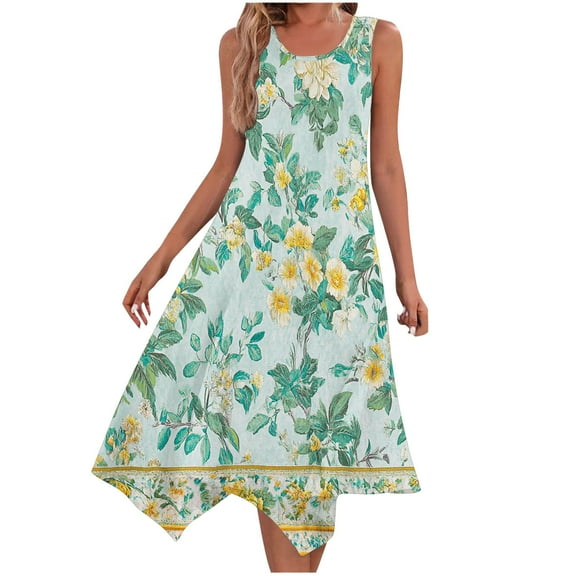 Dvprdro Womens Summer Boho Tank Dress Fashion Floral Printed Crew Neck Sleeveless Flowy Casual Loose Beach Sun Midi Dress