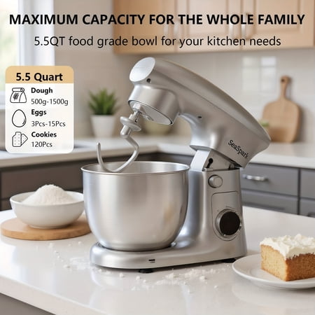 TPKJAM 3-in-1 Stand Mixer, 10-Speed Tilt-Head, 5.3QT Stainless Steel Bowl, Dough Hook, Whisk, Beater, Spatula - Silver, 300W Electric Kitchen Mixer