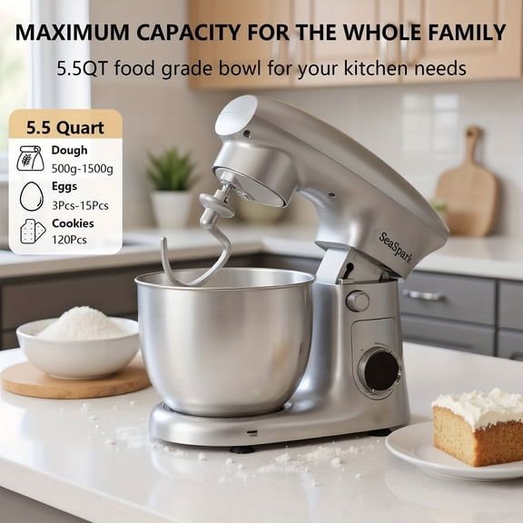 TPKJAM 3-in-1 Stand Mixer, 10-Speed Tilt-Head, 5.3QT Stainless Steel Bowl, Dough Hook, Whisk, Beater, Spatula - Silver, 300W Electric Kitchen Mixer