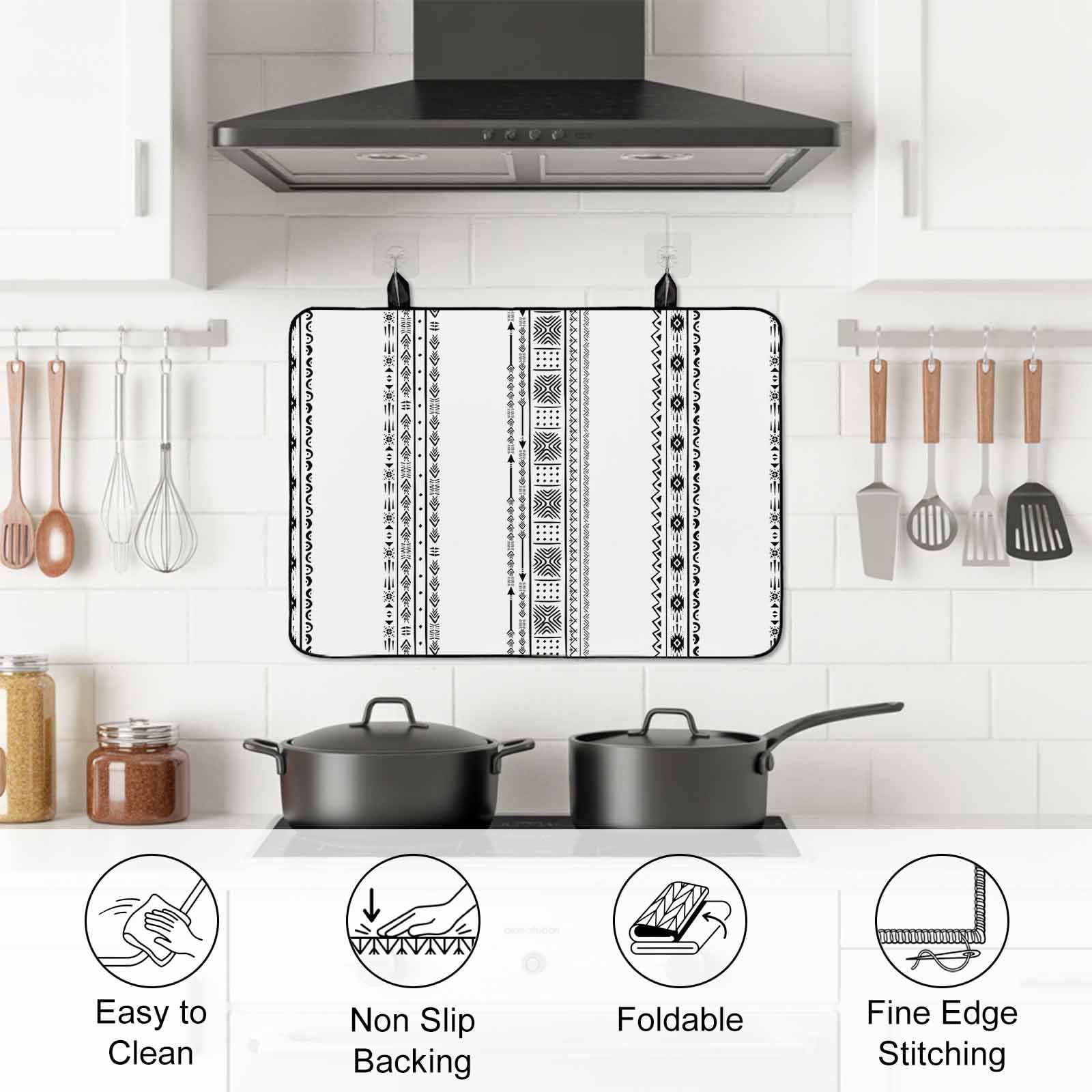 Black Geometric Stove Top Cover for Electric Stove, Heat-proof & Non Slip Glass Top Stove Cover Protector, Boho Lines White Modern Abstract Art Kitchen Flat Cooktop Rubber Mat 31x24 Inches