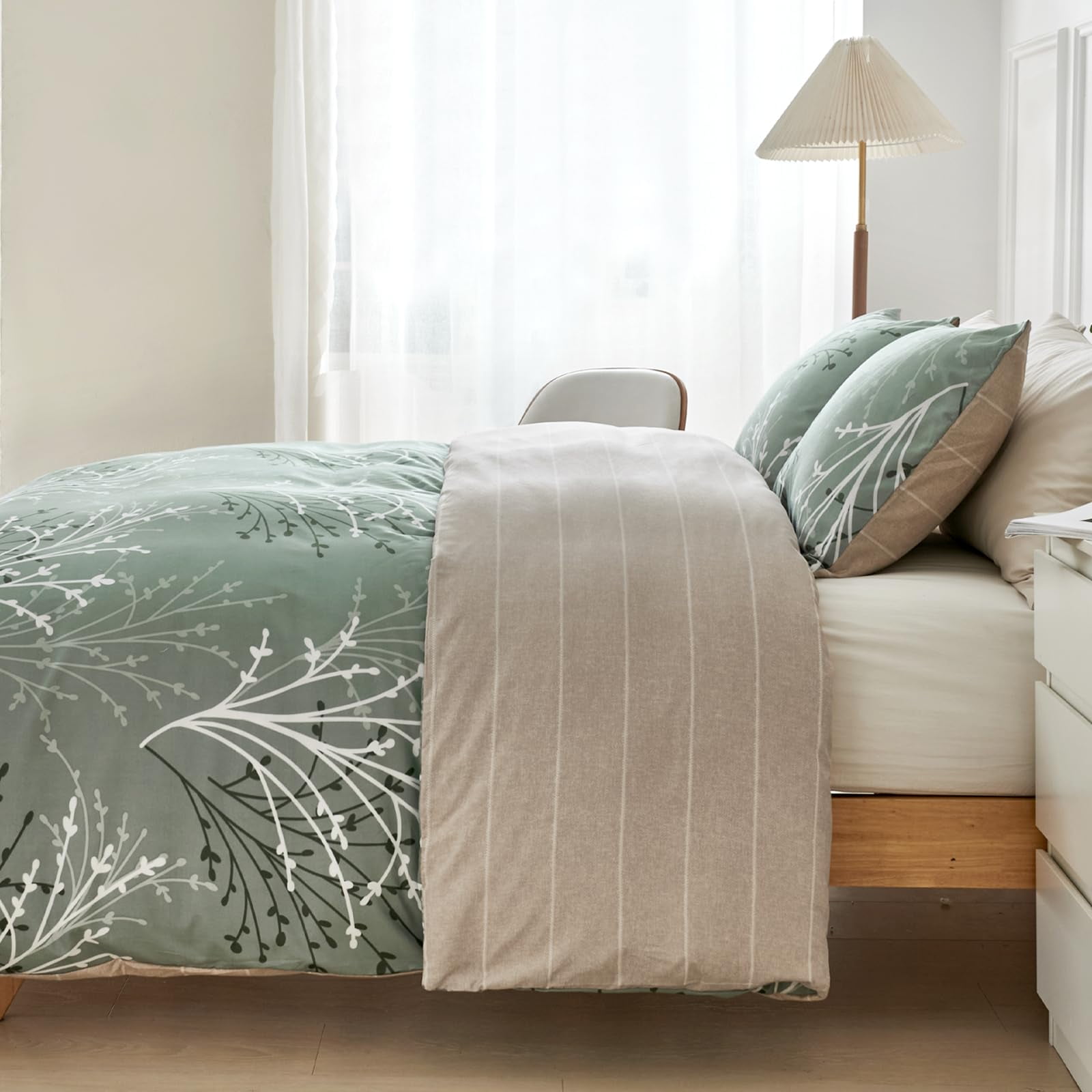 Leke Green Duvet Cover Queen Size, Reversible Floral Queen Comforter Cover with Branch Pattern, Soft 100% Washed Microfiber 3 Pieces Green Bedding Set with Zipper and 2 Pillowcases 20"x26"