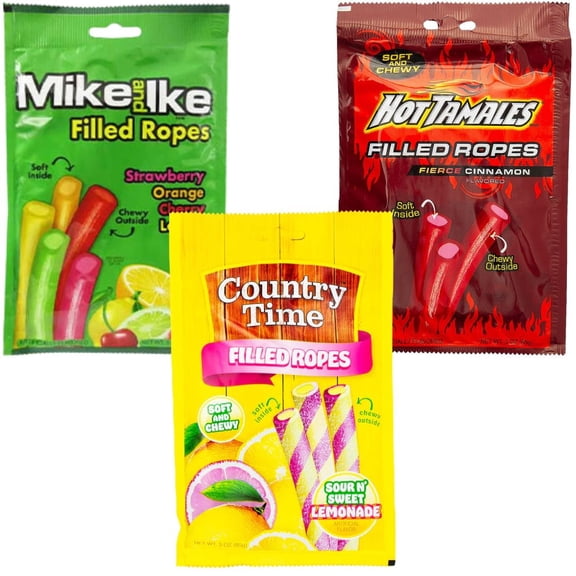 Rope Candy Variety Pack – 3oz Bags (Pack of 3) – Country Time Lemonade, Hot Tamales, and Mike and Ike Candy Ropes