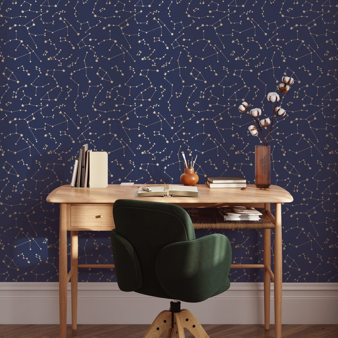 Tempaper x Novogratz Constellations Navy & Metallic Gold Peel and Stick Wallpaper, 20.5" x 16.5'