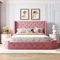 thumbnail image 2 of Upholstered Platform Bed Queen Size Storage Velvet Bed with Wingback Headboard and 1 Big Drawer,2 Side Storage Stool(Pink), 2 of 9