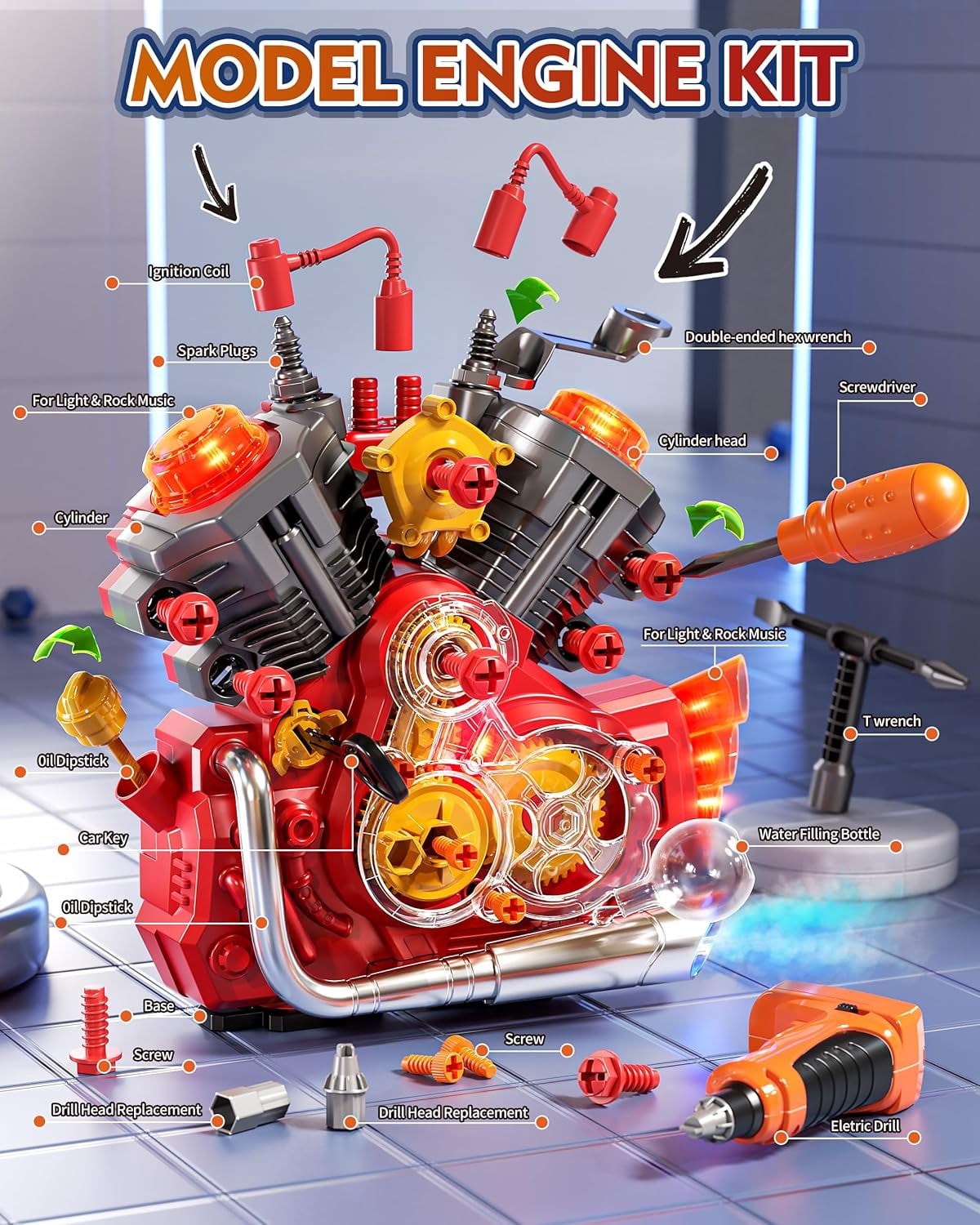Engine Building Kit, Kids Mechanic Toys for Motorcycle Engine Toy, STEM Engine Model Kit Toy with Cool Light and Music, Educational Science Building for Boys Age 3+Year Old Mechanic Tools