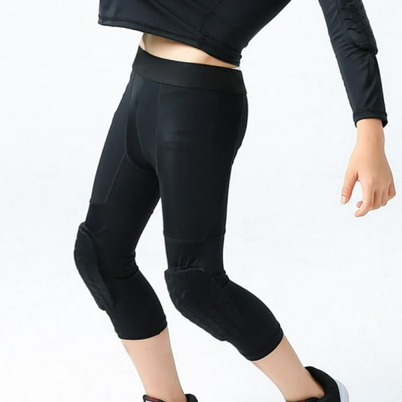 Youth Boys Basketball Compression Pants with Knee Pads 3/4 Capri Padded Sport Tights Athletic Workout Leggings