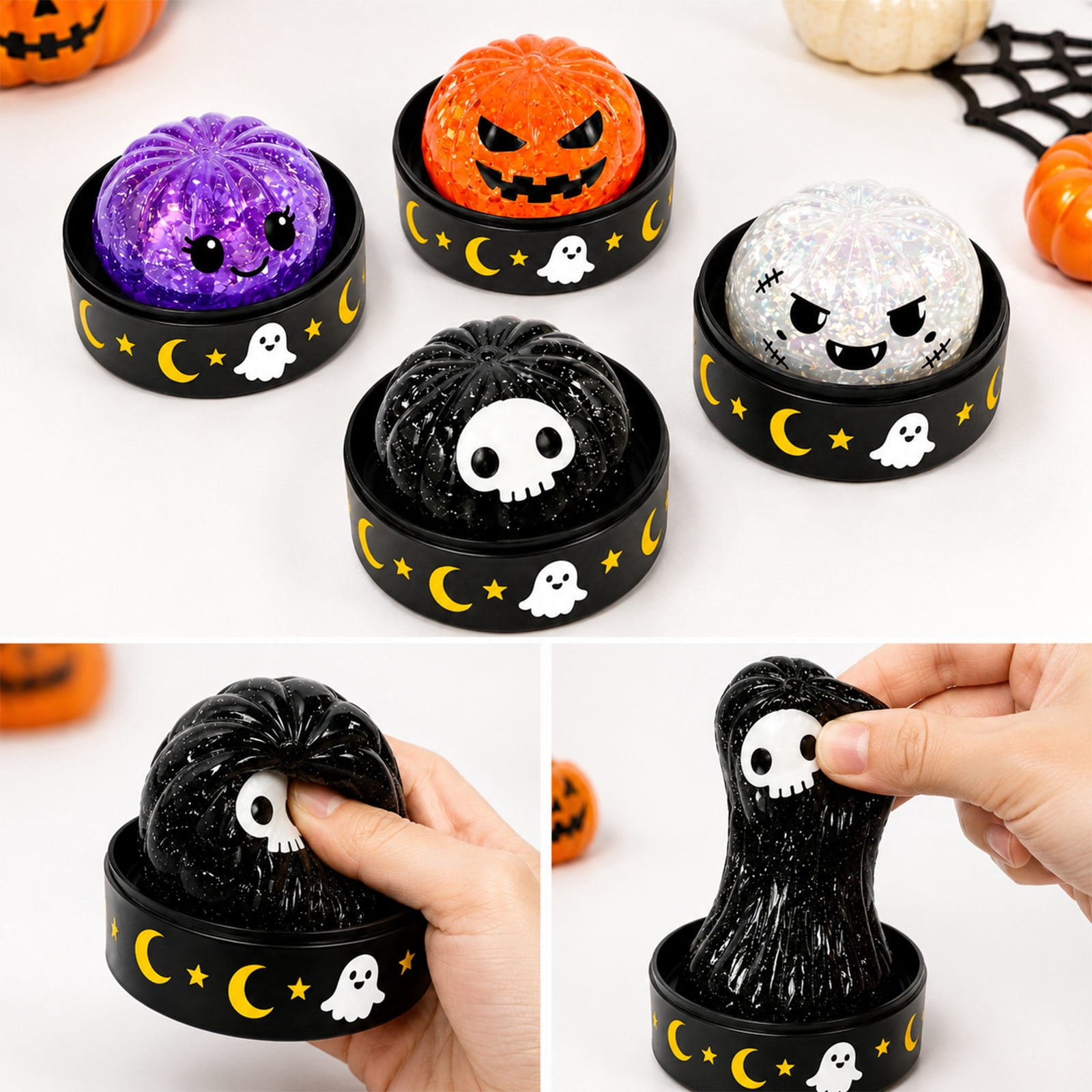 Halloween Mystery Blink Box Stress Ball Toy, Glitter Filled Dumpling Squishy Toys Spooky Eyeball Ghost Design, Anti Anxiety Fidget Toy Holiday Stocking Stuffers A4-1PC