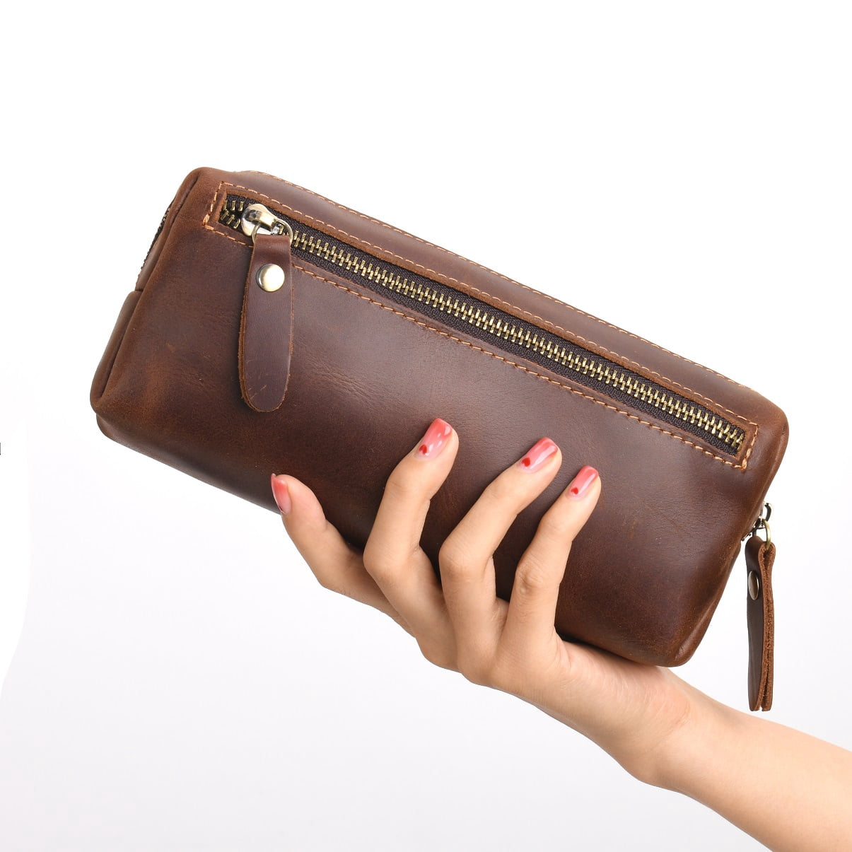WONDERPOOL Pen Case Real Leather Pencil Pouch Markers Holder Big Capacity Bag with Side Zippered Pocket Sleeve for Stationery Makeup Utensils Organizer (Coffee)