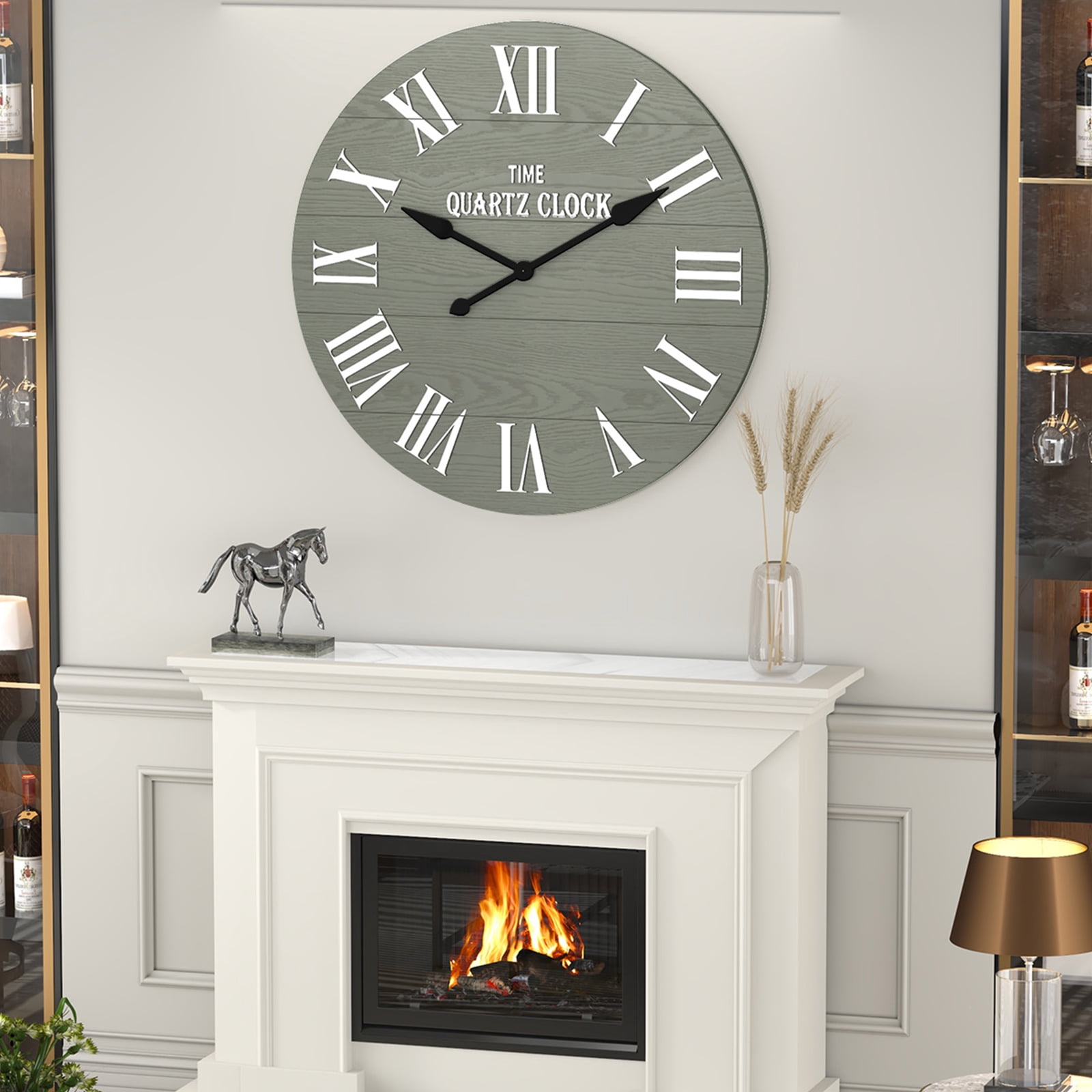 HLR 35.5” Farmhouse Large Shiplap Round Wall Clock with Roman Numeral for Living Room Decor, Green