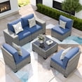 thumbnail image 2 of ELPOSUN Outdoor Sectional Furniture Set 6-Piece Gray Rattan Wicker Conversation Sofa Set with Glass Top Table and Thick Cushion,Blue Cushions, 2 of 8