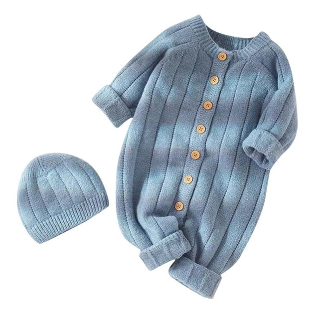 AherBiu Toddler Baby Girls Boys Clothes Jumpsuits with Hat Knitted Button down Rompers Fall Winter Comfy Unisex Infant Newborn Bodysuits