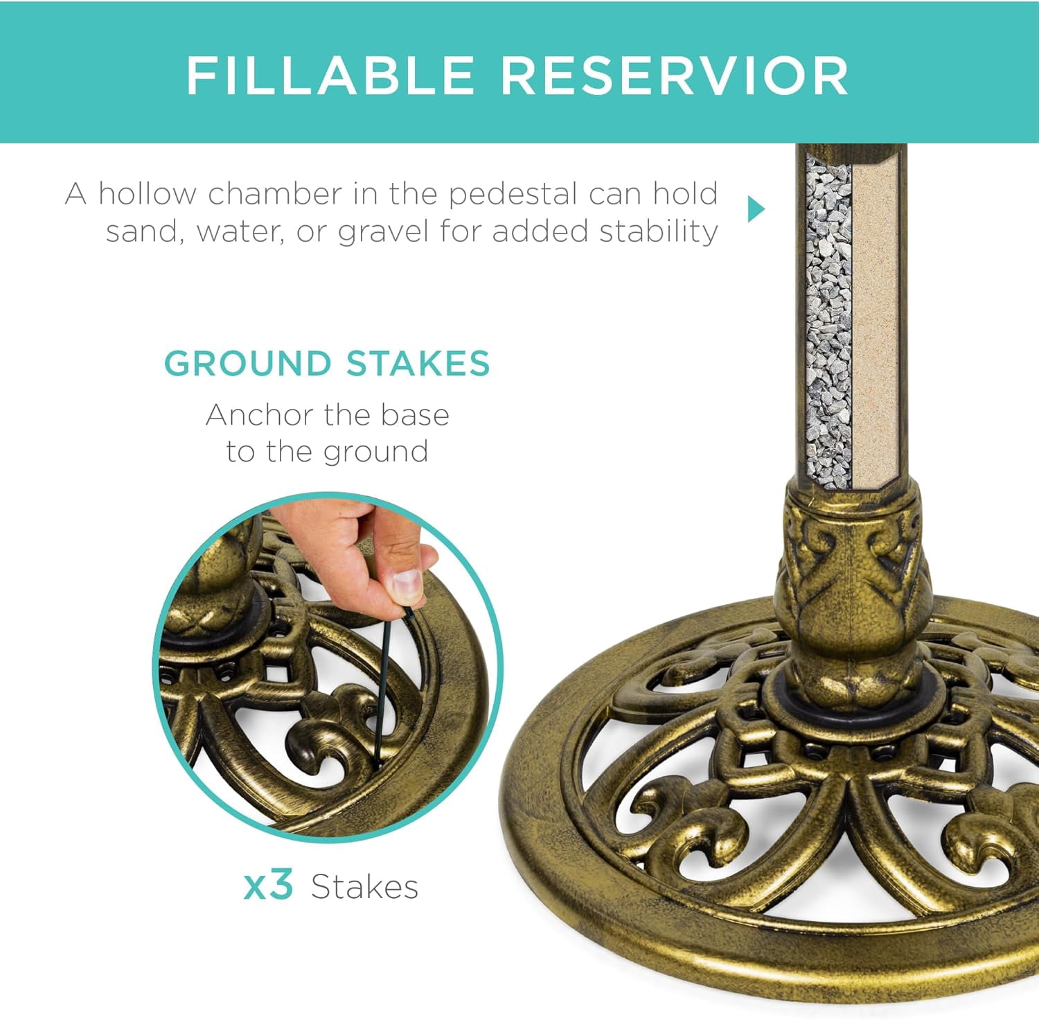 HJTER 28in Pedestal Bird Bath, Vintage Outdoor Resin Accent Decoration w/Fleur-de-Lis Accents - Gold