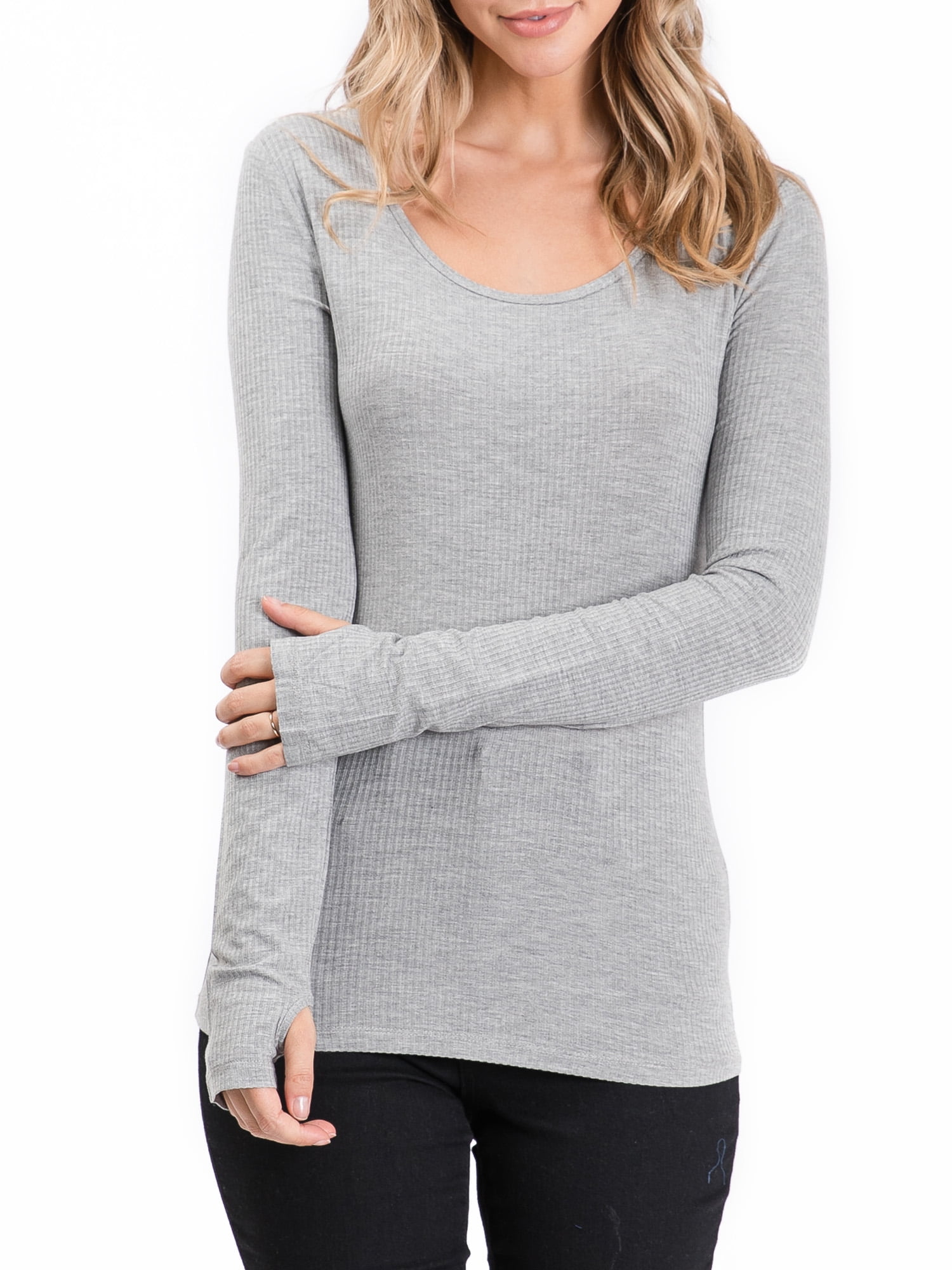 Doublju - Doublju Women's Round Neck Long Sleeve Ribbed Top with Thumb ...