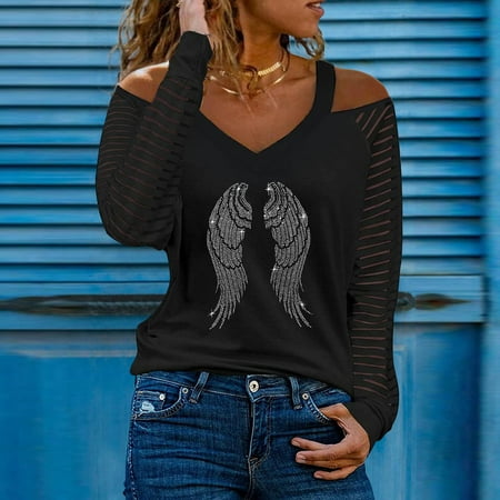 

Juebong Rhinestone Cold Shoulder Hollowed Long Sleeve Shirts for Women V Neck Halter Neck T-Shirt Essentials Girls Solid Casual Hollow Out Sleeve Off The Shoulder Sweatshirts