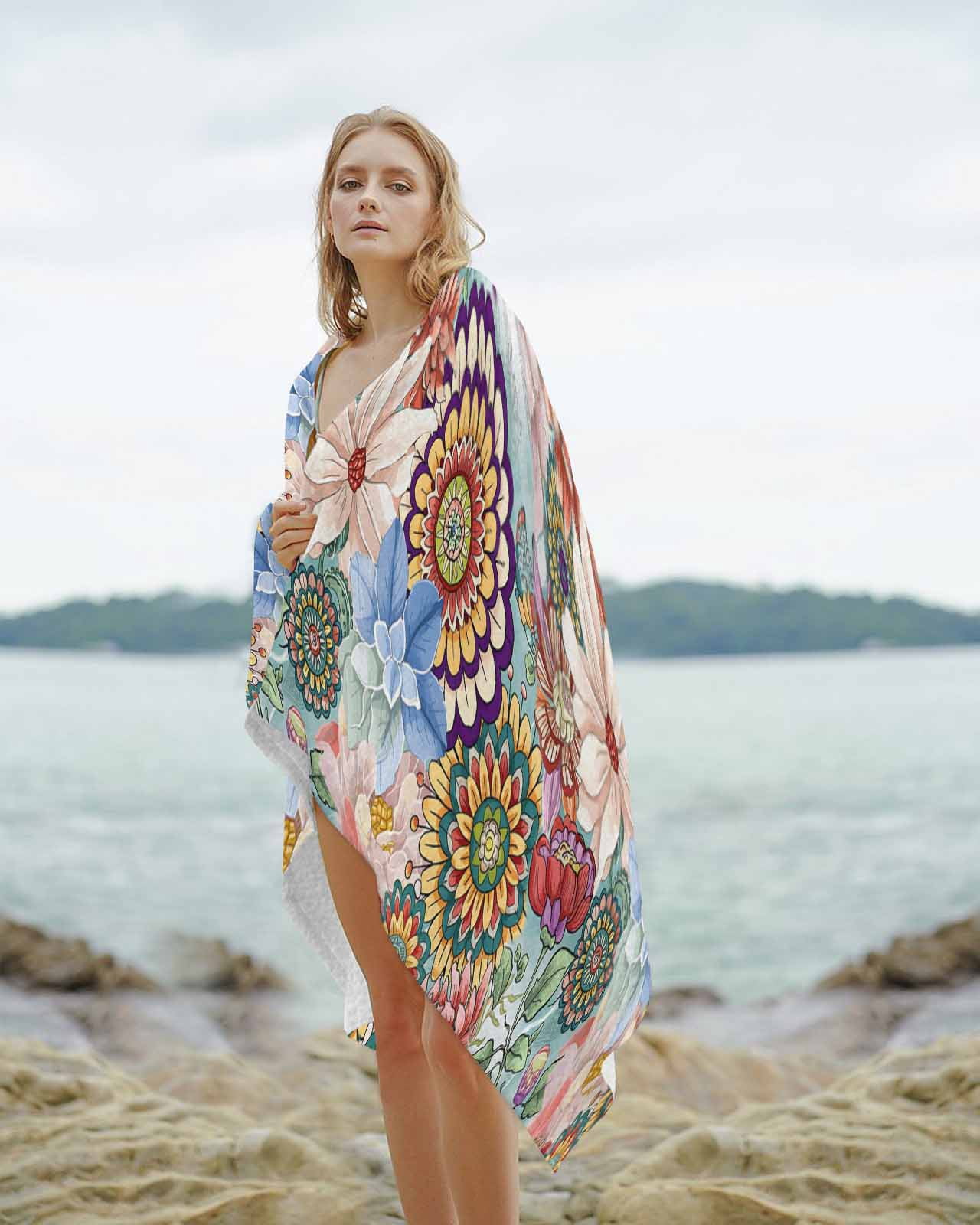 Boho Floral Beach Towels Oversized Super Absorbent, Bohemia Colorful Mandalas Botanical Flower Lightweight Bath Towel Quick Dry Sets For Bathroom/Pool/Rv Camping/Beach Play/Gym Room/Picnic 30"x60"