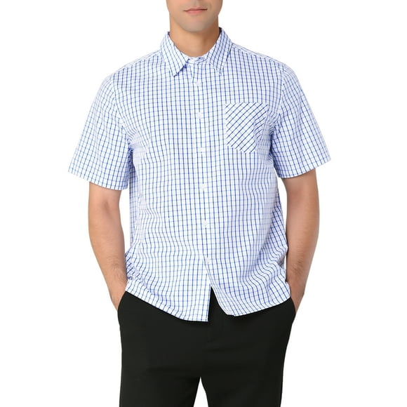 Unique Bargains Men's Summer Shirts Short Sleeve Button Down Plaid Check Dress Shirts Blue S